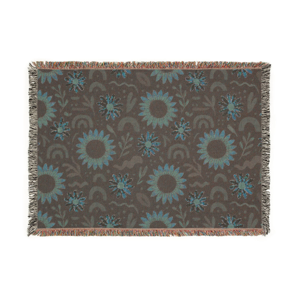 Boho Sunflower Woven Blanket — Retro Floral Throw with Fringe