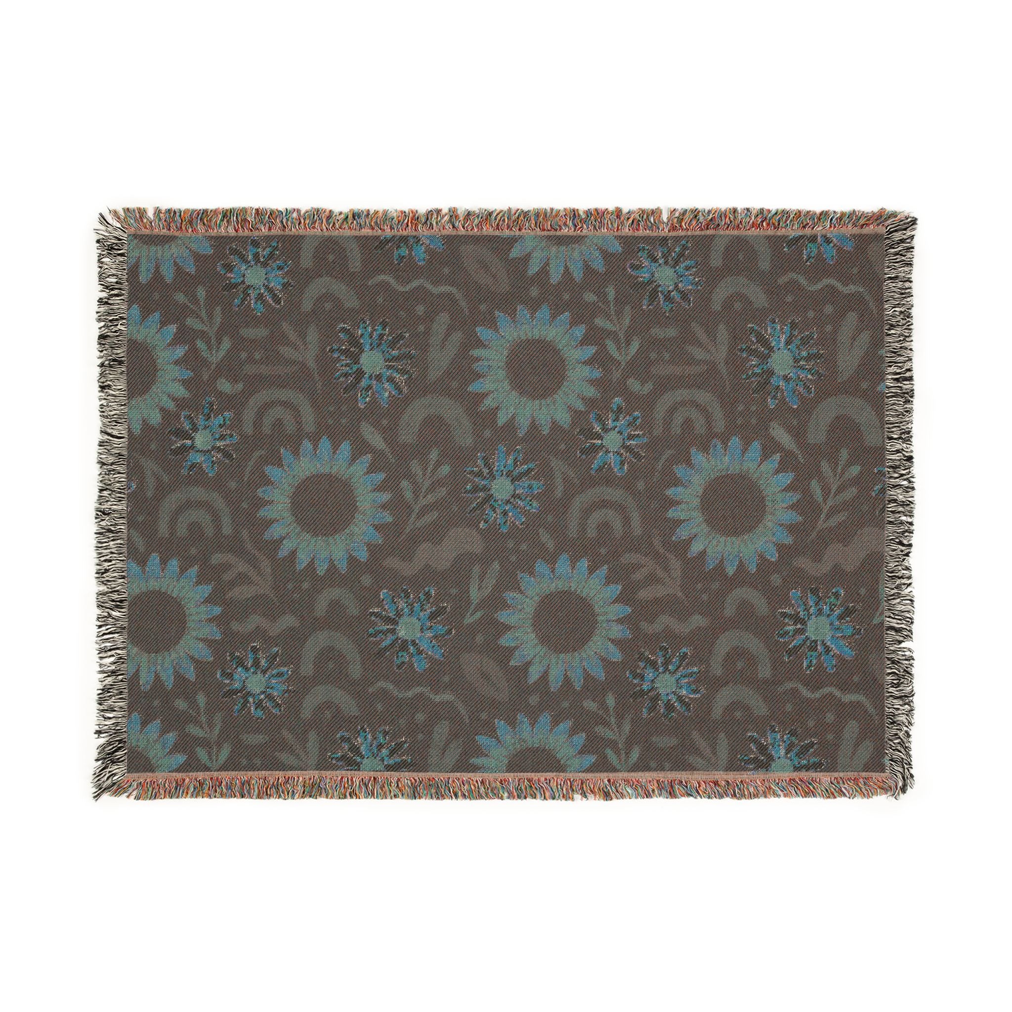 Boho Sunflower Woven Blanket — Retro Floral Throw with Fringe