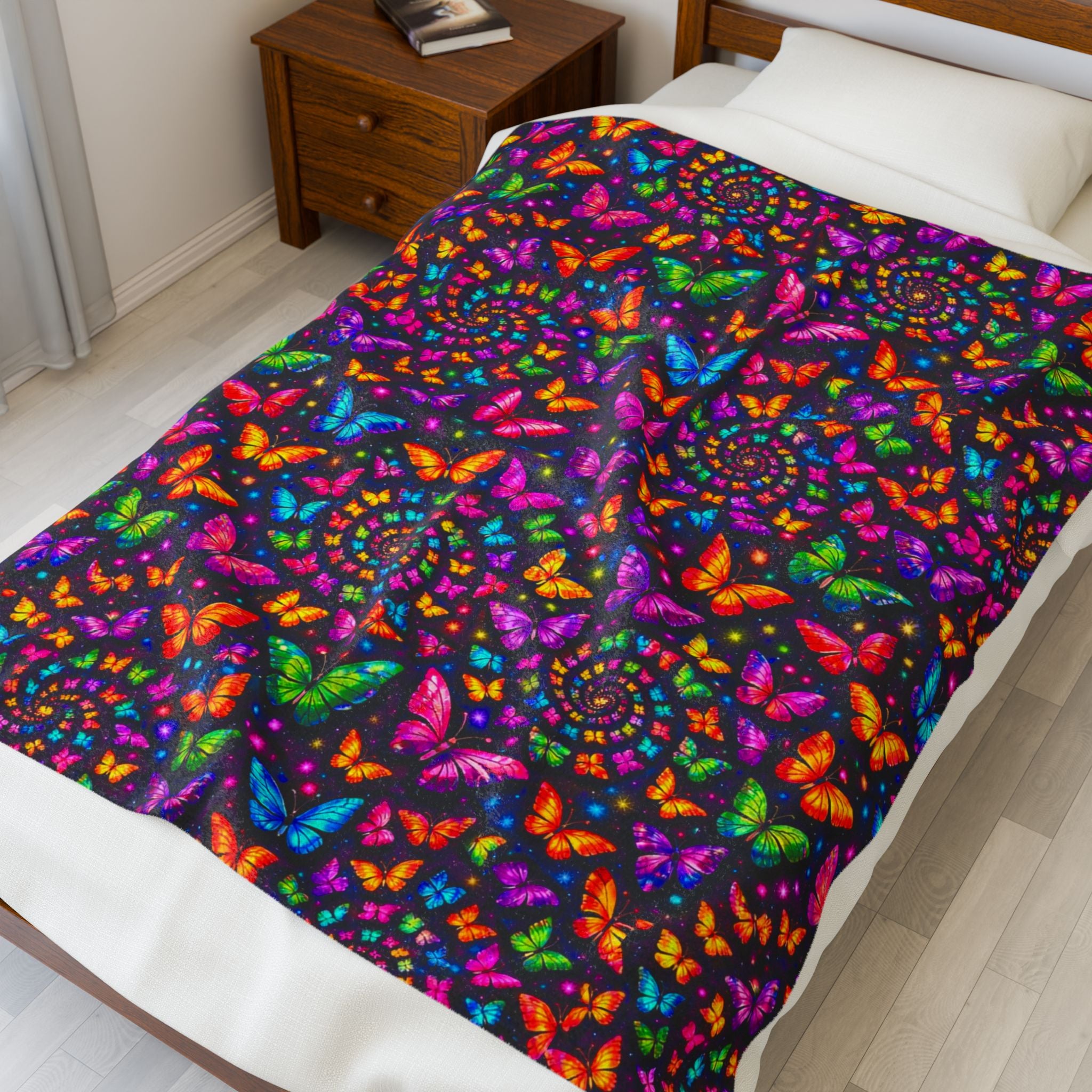 Velveteen Plush Blanket — Neon Rainbow Butterfly Spiral Throw