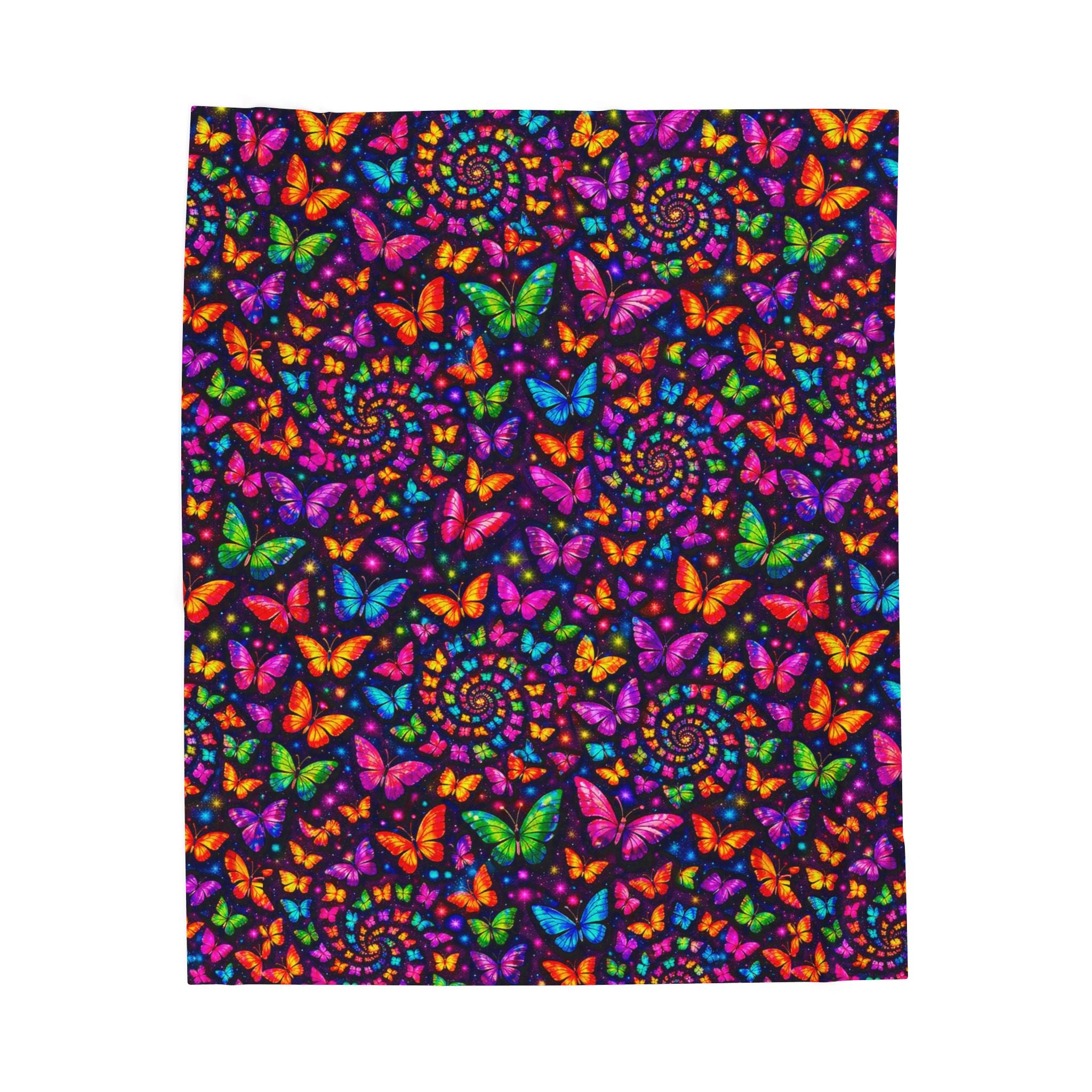 Velveteen Plush Blanket — Neon Rainbow Butterfly Spiral Throw