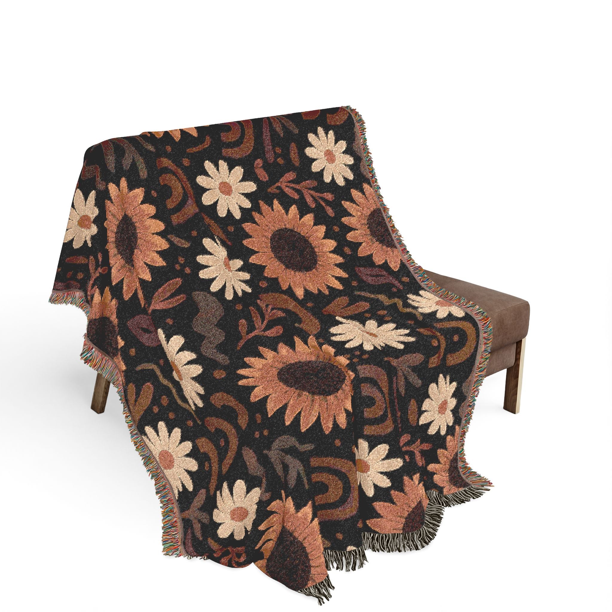 Boho Sunflower Woven Blanket — Retro Floral Throw with Fringe