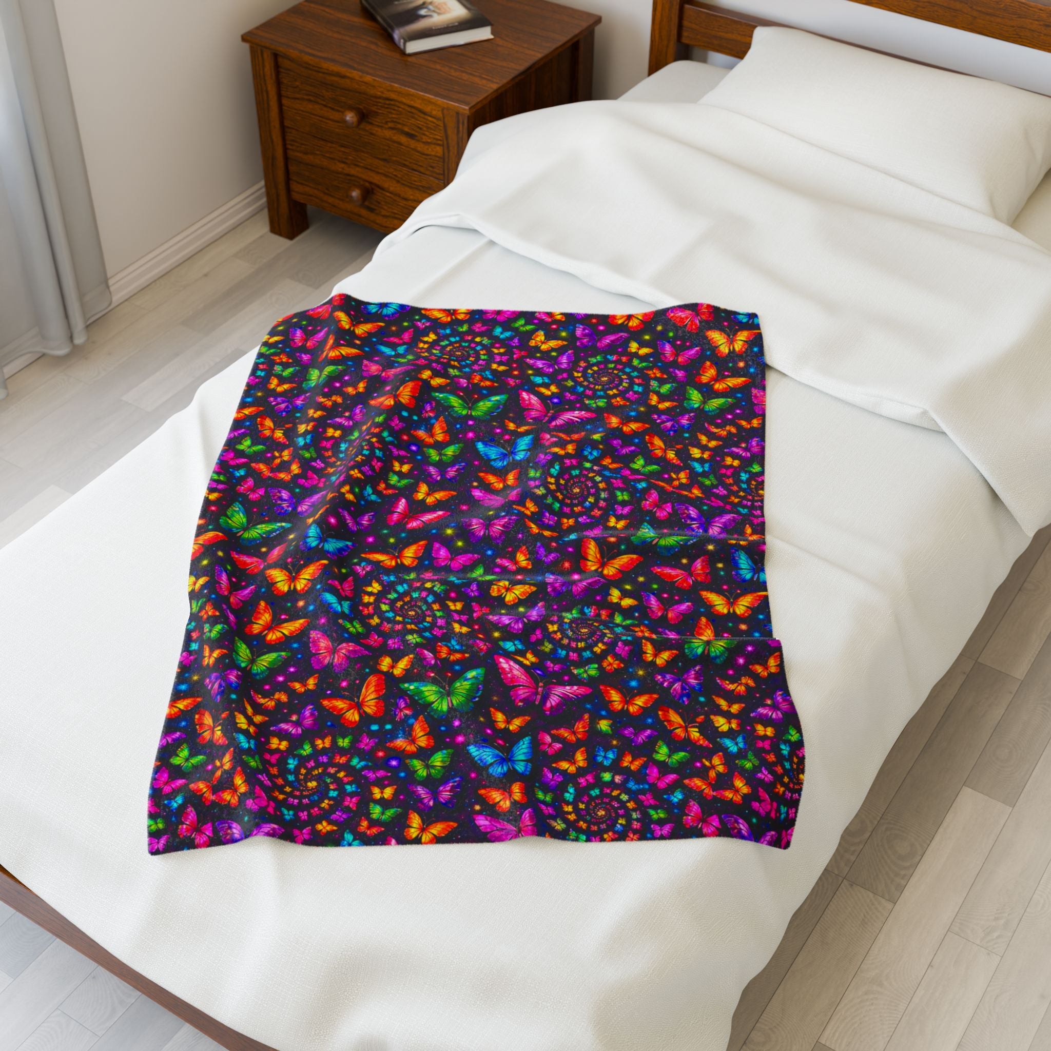 Velveteen Plush Blanket — Neon Rainbow Butterfly Spiral Throw