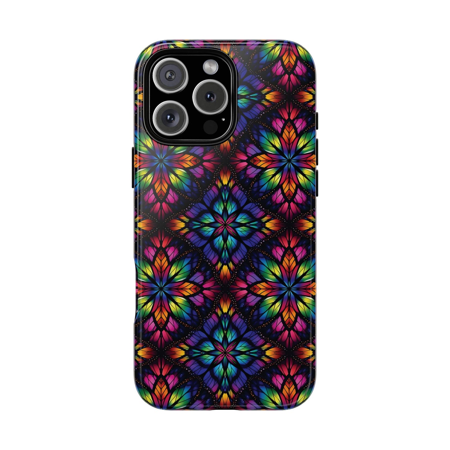 iPhone 16 and 17 - Stained Glass Kaleidoscope Tough Phone Case — Colorful Floral Protective Cover