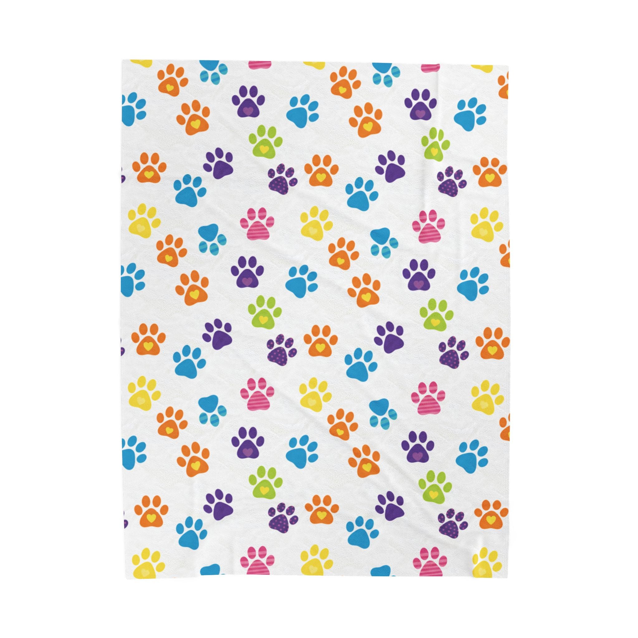 Velveteen Plush Blanket — Colorful Rainbow Paw Print Plush Throw for Pet Lovers