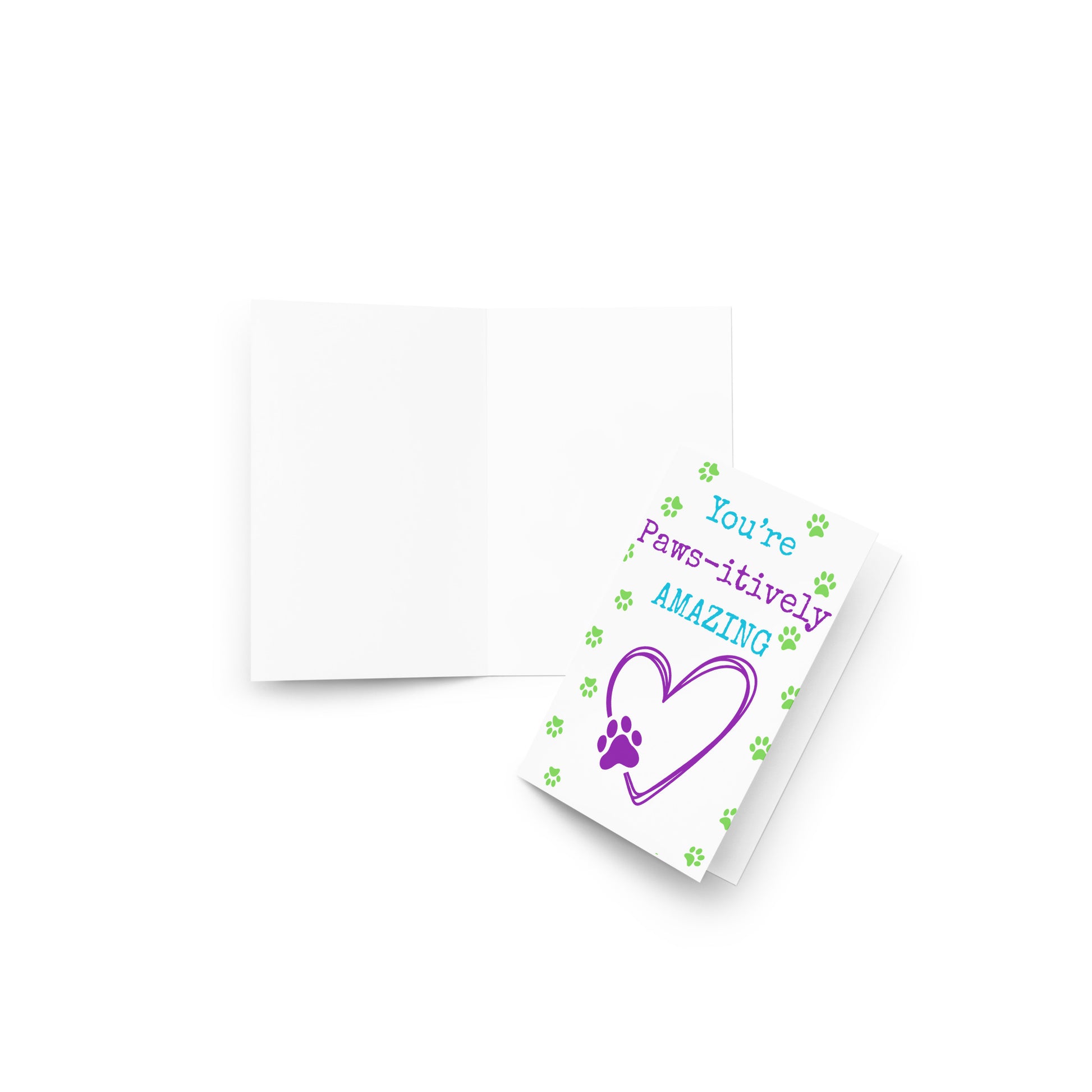 Greeting card with 'You're Paws-itively Amazing' text and paw print design on a white background