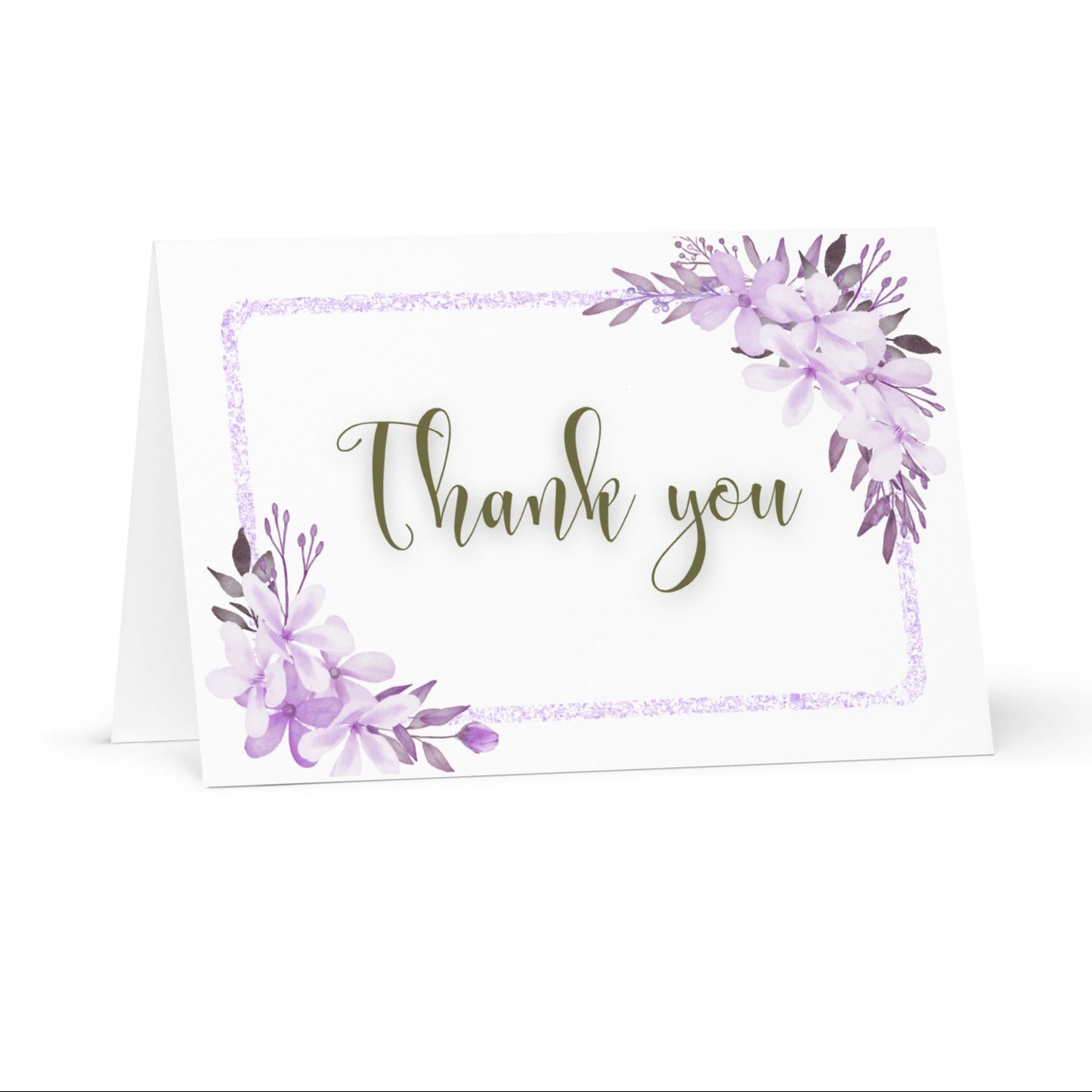 Thank you card with purple floral design on a white background