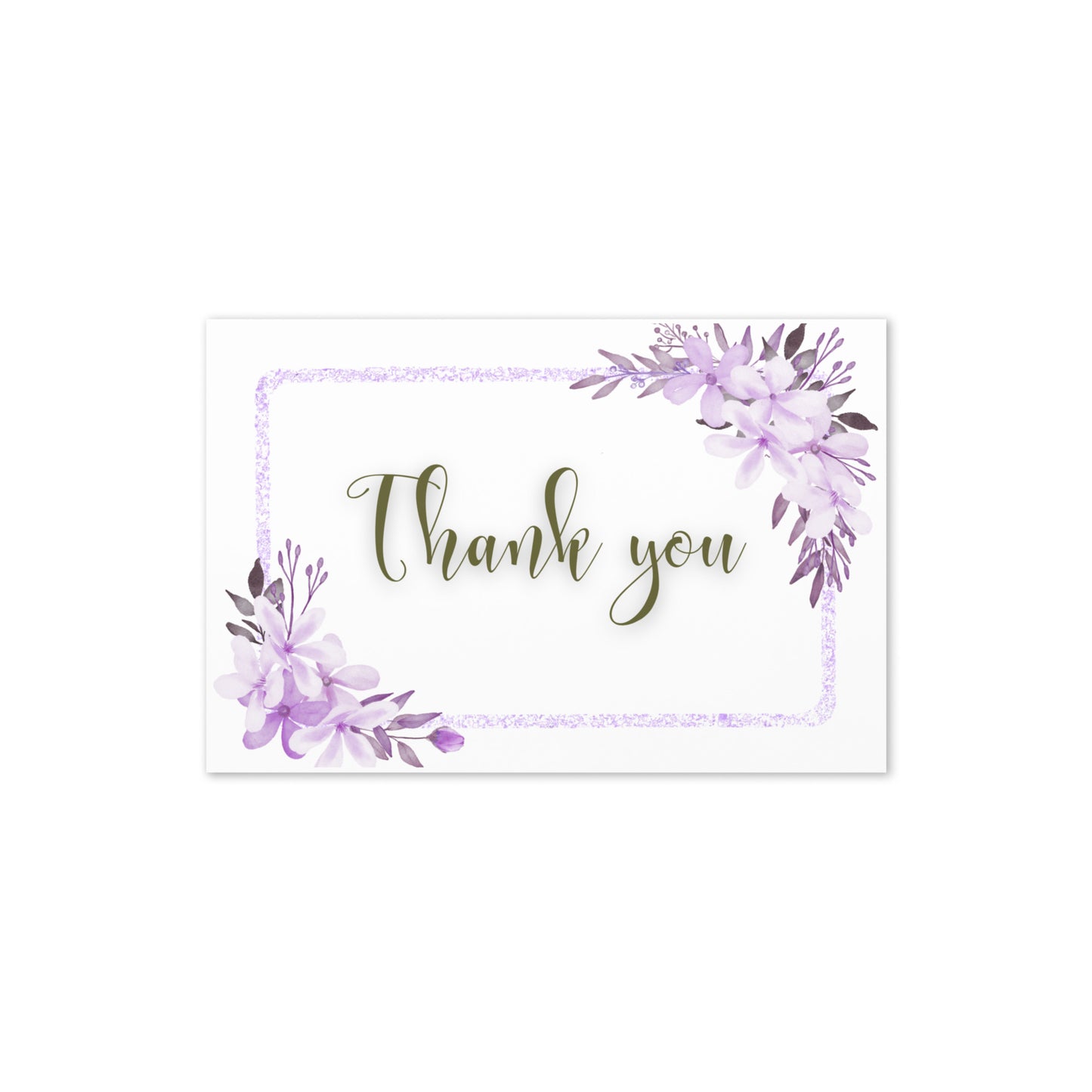 Card with 'Thank you' text and purple floral design on a white background