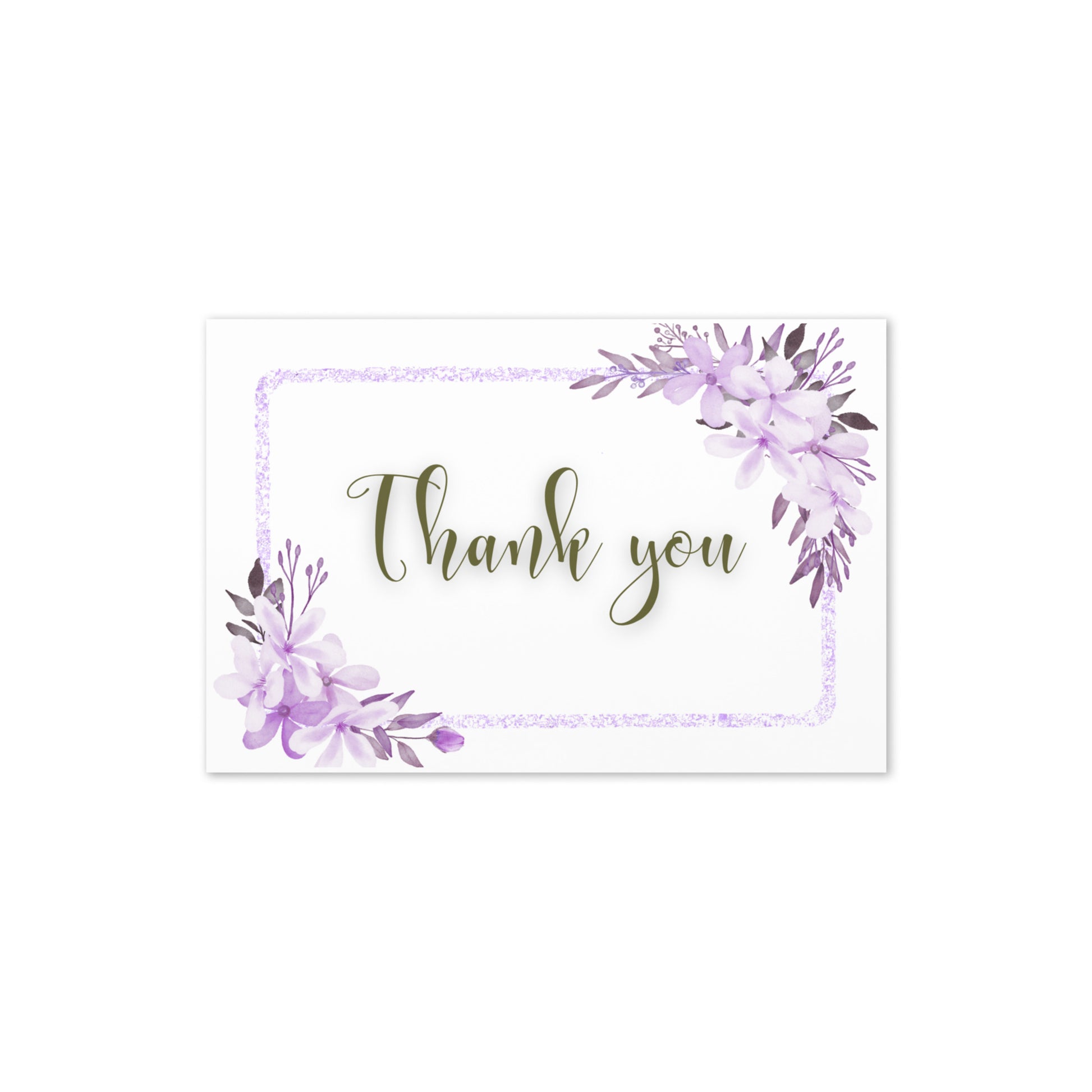 Card with 'Thank you' text and purple floral design on a white background