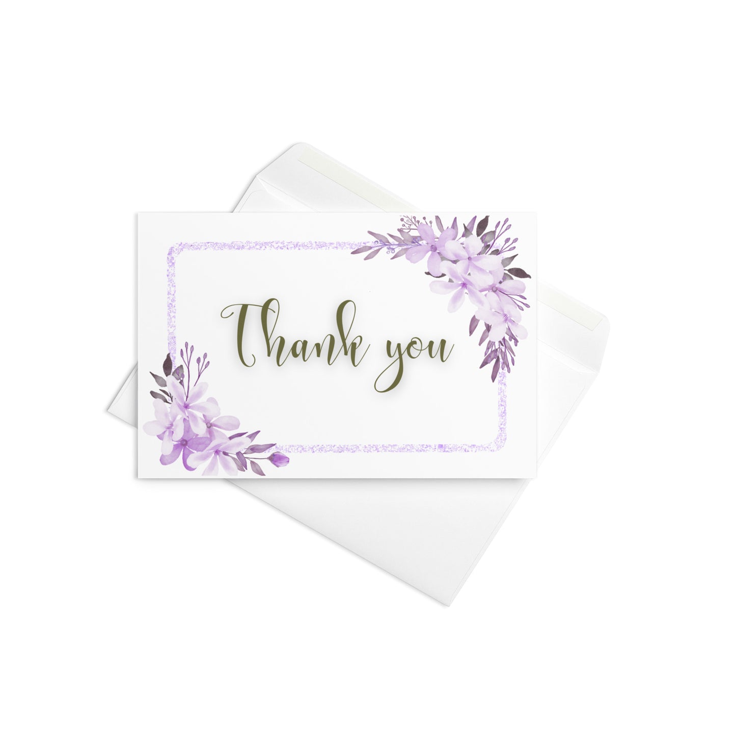 Greeting card with 'Thank you' text and purple floral design on a white background