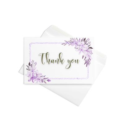 Greeting card with 'Thank you' text and purple floral design on a white background