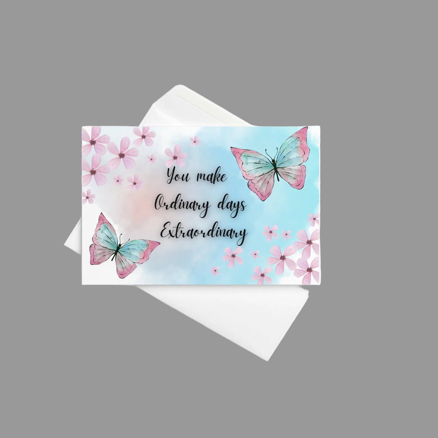 Greeting card with butterflies and text on a white background