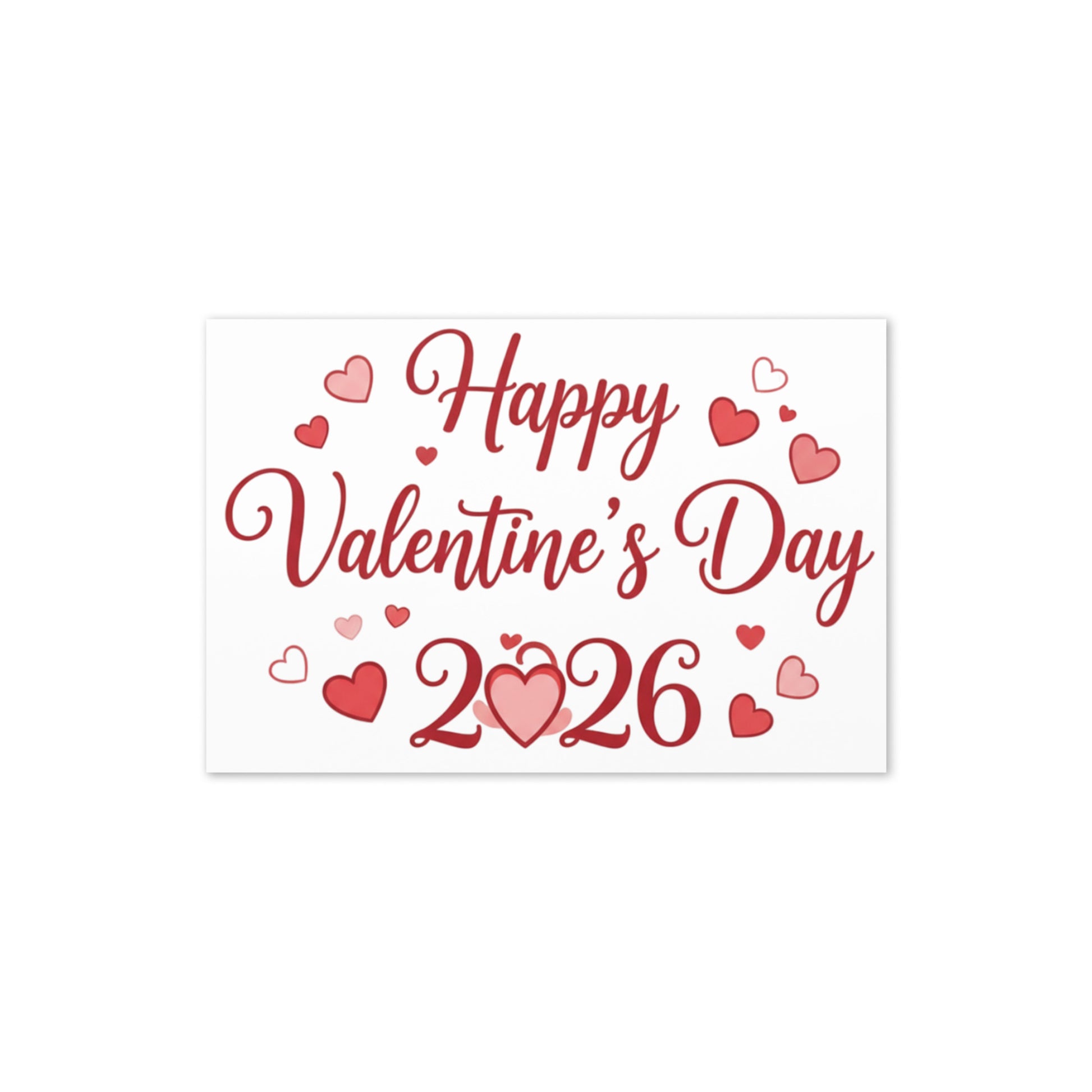 Happy Valentine's Day 2026 card with red text and hearts on a white background