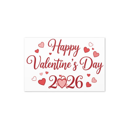 Happy Valentine's Day 2026 card with red text and hearts on a white background