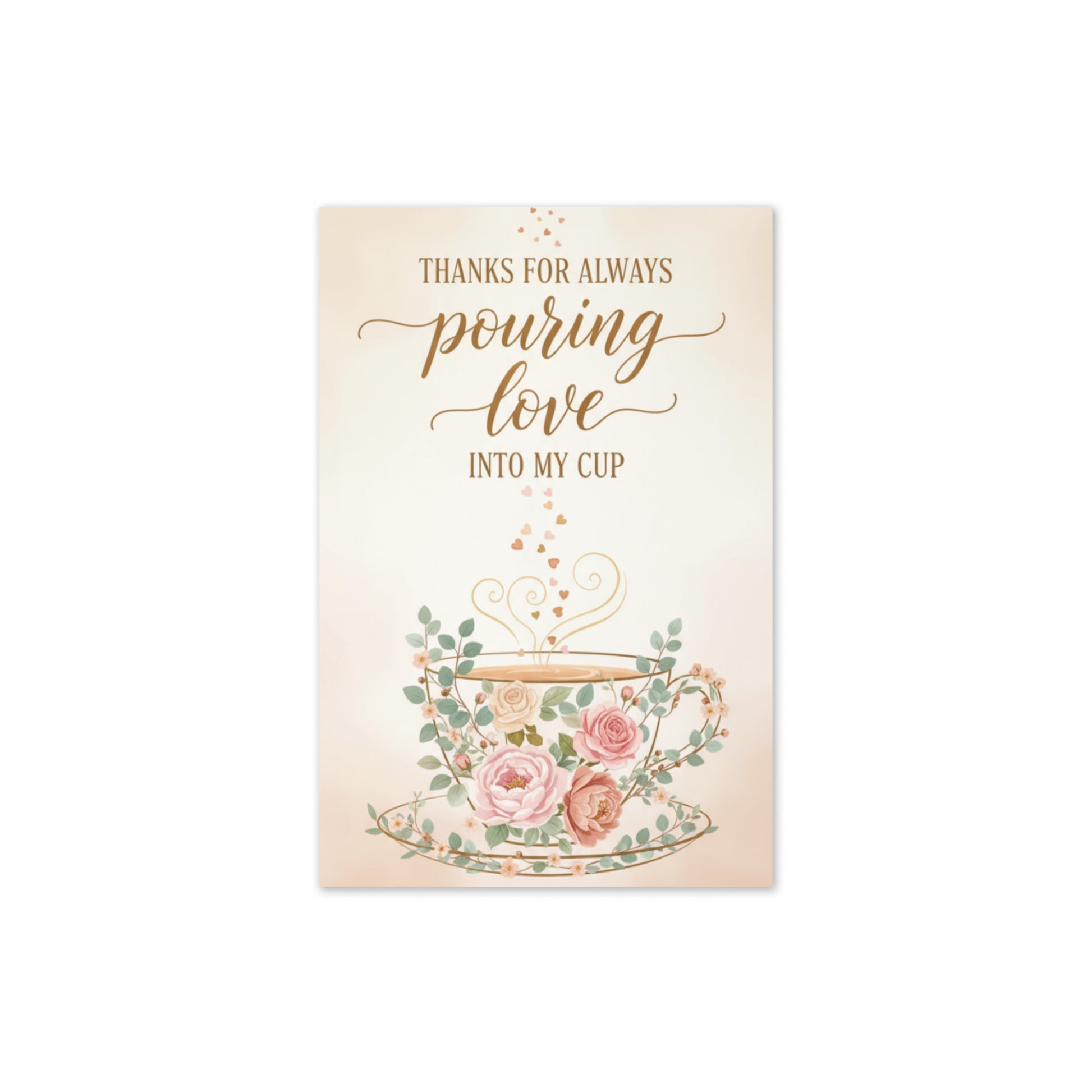 Card with floral teacup design and text on a beige background