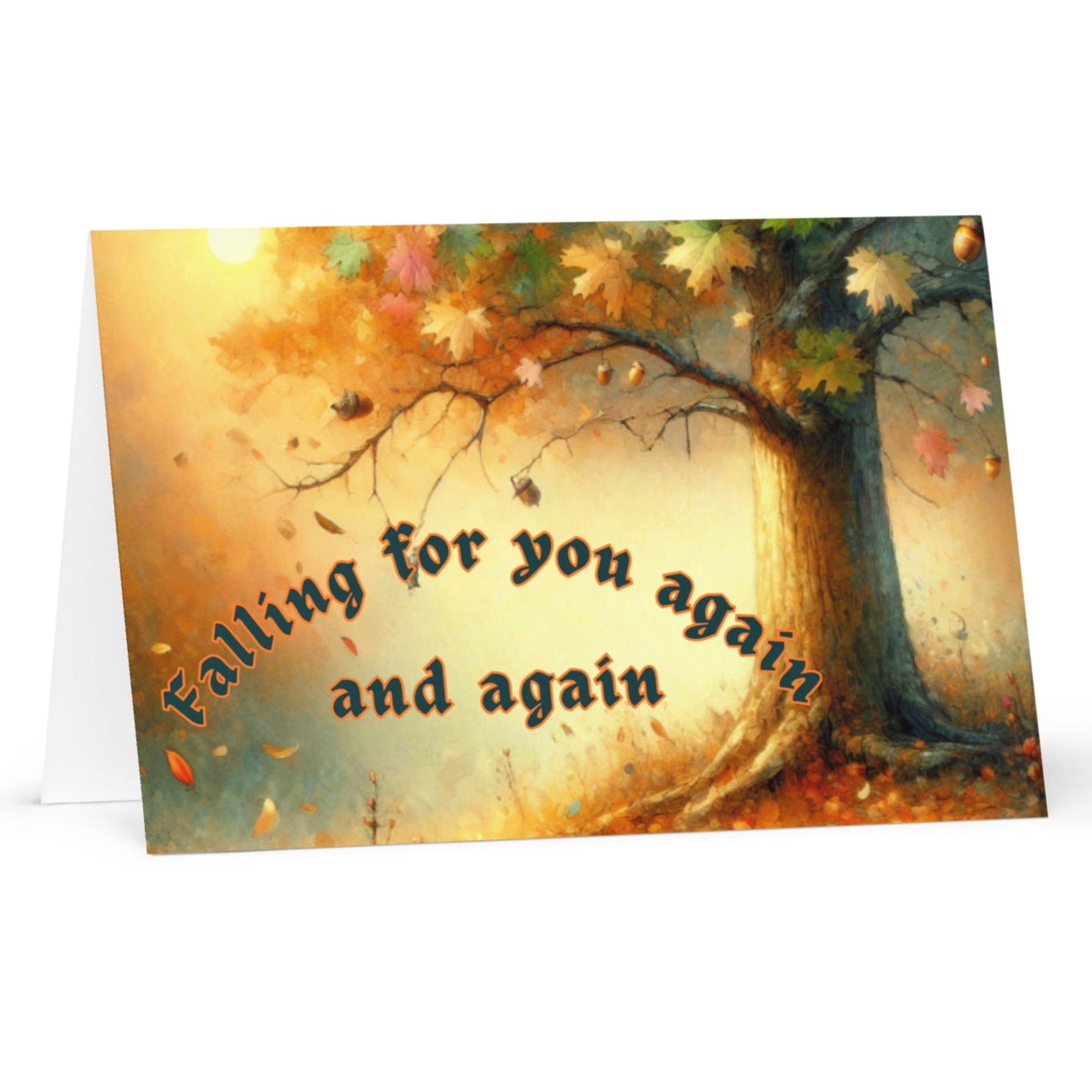 Greeting card with autumn tree design and text 'Falling for you again and again' on a white background