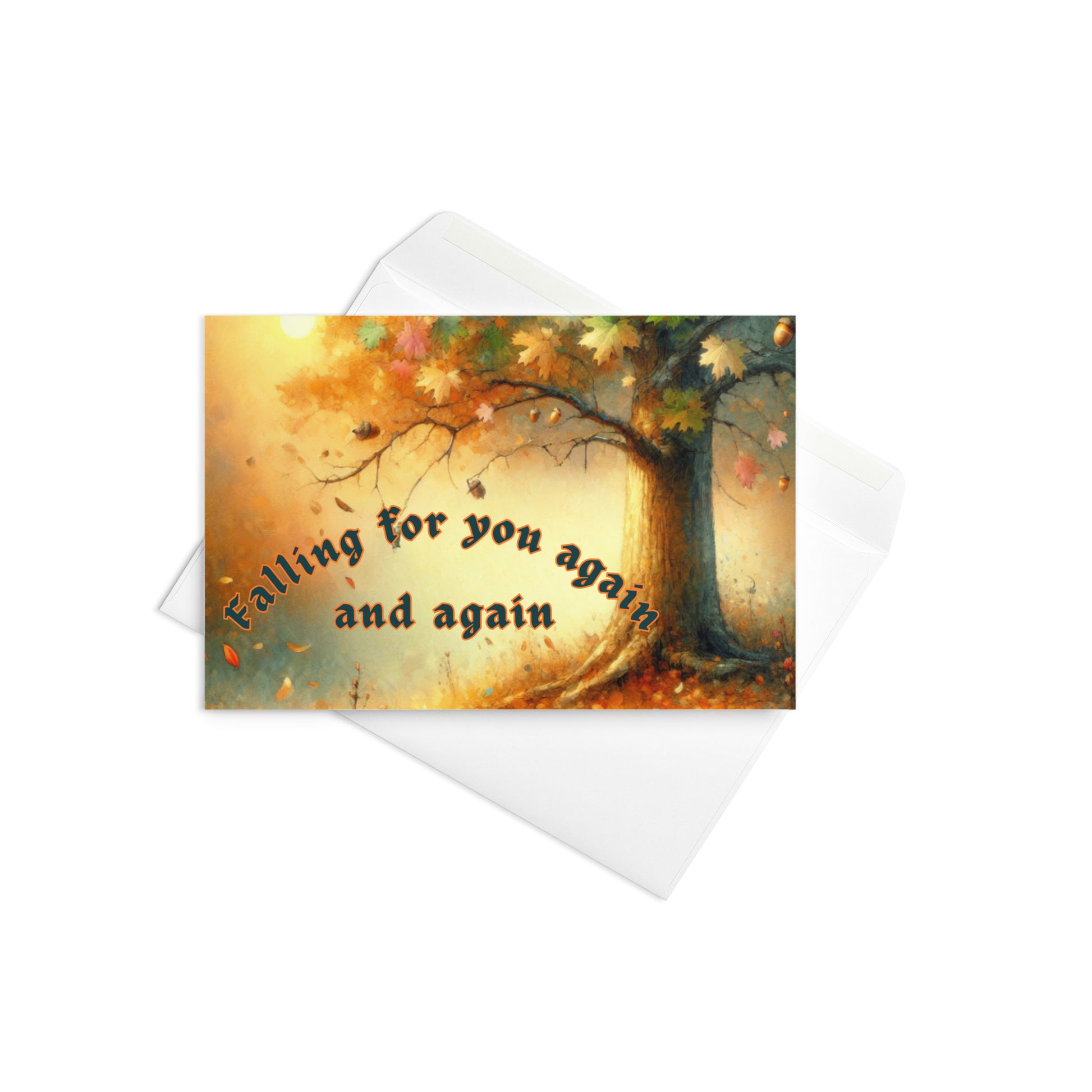 Greeting card with autumn tree design and text 'Falling for you again and again' on a white background.